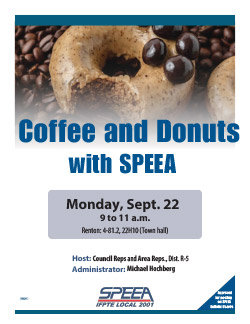 Coffee and Donuts with SPEEA - Monday, Sept. 22, 9 a.m. to 11 a.m. -Renton: 4-81.2, 22H10 (Town hall)