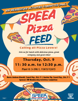 SPEEA Pizza Feed - Thursday, Oct. 9, 11:30 a.m. to 12:30 p.m.