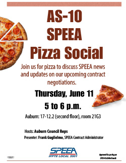 AS-10 SPEEA Pizza Social, Thursday, June 11 at 5 p.m.