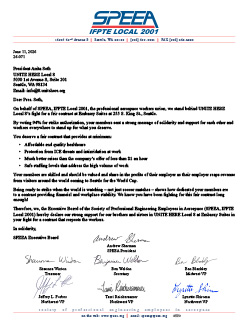 Letter of support for Unite Here Local 8 from SPEEA Executive Board