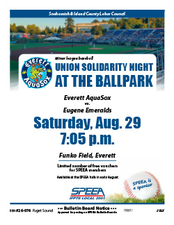 Union Solidarity Night at the Ballpark - Everett Aquasox, Saturday, Aug. 29 at 7:05 p.m.
